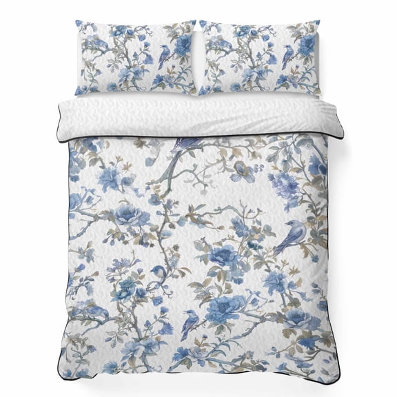 Queen Quilt Bedding Set, Chinese Style Flowers And Birds Figure Soft Microfiber Summer Bedspread Coverlet with 2 Pillow Shams for All Season, Blue Floral Art Breathable Bedding Set for Hot Sleepers