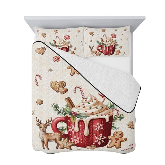 Queen Quilt Bedding Set, Christmas Candy Cookie Reindeer Soft Microfiber Summer Bedspread Coverlet with 2 Pillow Shams for All Season, Cappuccino Pine Needles Breathable Bedding Set for Hot Sleepers