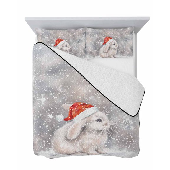 Queen Quilt Bedding Set, Christmas Cute Rabbit Red Hat Soft Microfiber Summer Bedspread Coverlet with 2 Pillow Shams for All Season, Winter Snowy Scene Breathable Bedding Set for Hot Sleepers