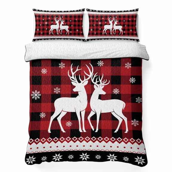 Queen Quilt Bedding Set, Christmas Deer Winter Snowflake Soft Microfiber Summer Bedspread Coverlet with 2 Pillow Shams, Retro Buffalo Check Geometric Breathable Bedding Set for Hot Sleepers