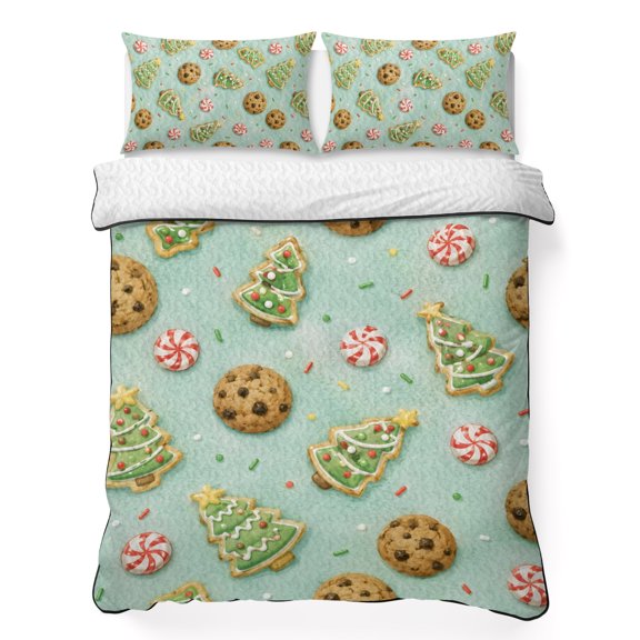 Queen Quilt Bedding Set Christmas Tree Cookies Desserts Summer Quilt Lightweight Quilted Coverlet with 2 Pillow Shams, Cartoon Style Sage Green 3-Piece Bedspread Quilt Set for All Season
