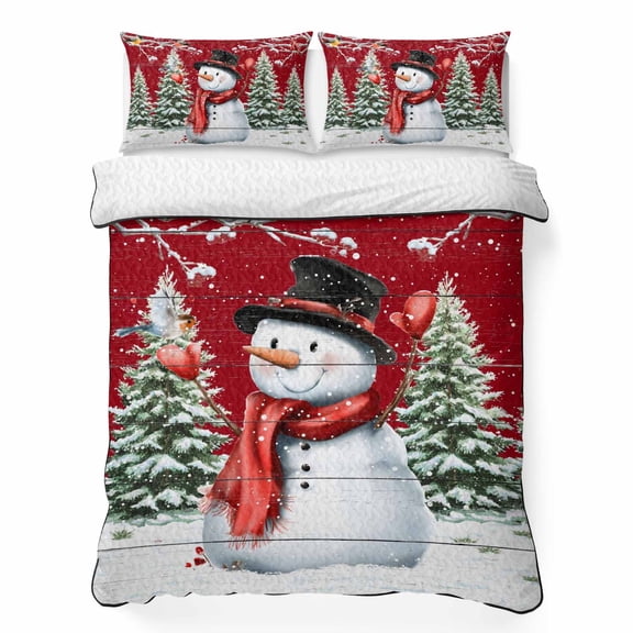 Queen Quilt Bedding Set, Christmas Tree Snowman Red Wood Grain Soft Microfiber Summer Bedspread Coverlet with 2 Pillow Shams, Winter Branches Snowflake Breathable Bedding Set for Hot Sleepers