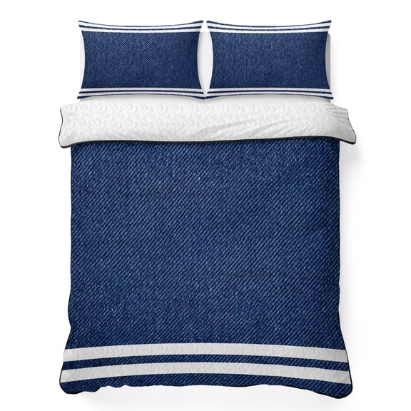 Queen Quilt Bedding Set Classic Denim Texture Navy Blue Lightweight Summer Quilted Coverlet for Hot Sleepers, Modern Minimalist Stripes Breathable Soft Blanket with 2 Pillow Shams for All Season