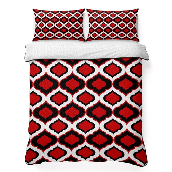 Queen Quilt Bedding Set, Classic Moroccan Pattern Soft Microfiber Summer Bedspread Coverlet with 2 Pillow Shams for All Season, Red Geometric Plaid Breathable Bedding Set for Hot Sleepers