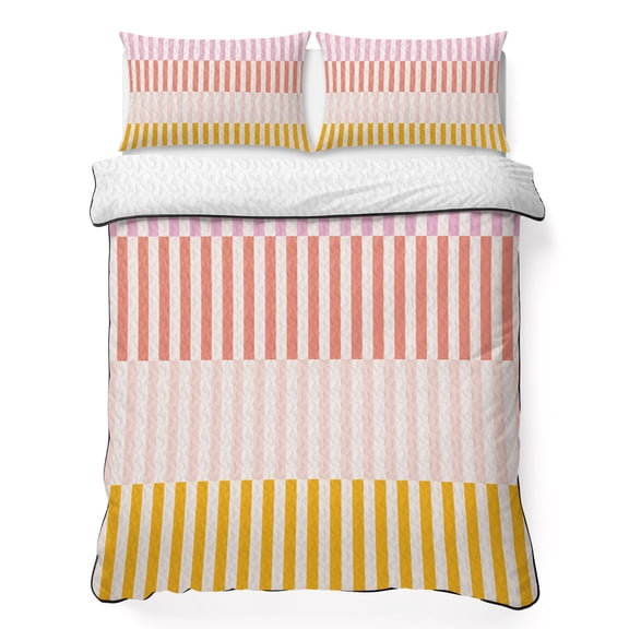 Queen Quilt Bedding Set Classic Pink Red Orange Pinstripes Breathable Summer Cooling Blanket for Hot Sleepers, Modern Abstract Art Lightweight Soft Bedding Set with 2 Pillow Shams for All Season