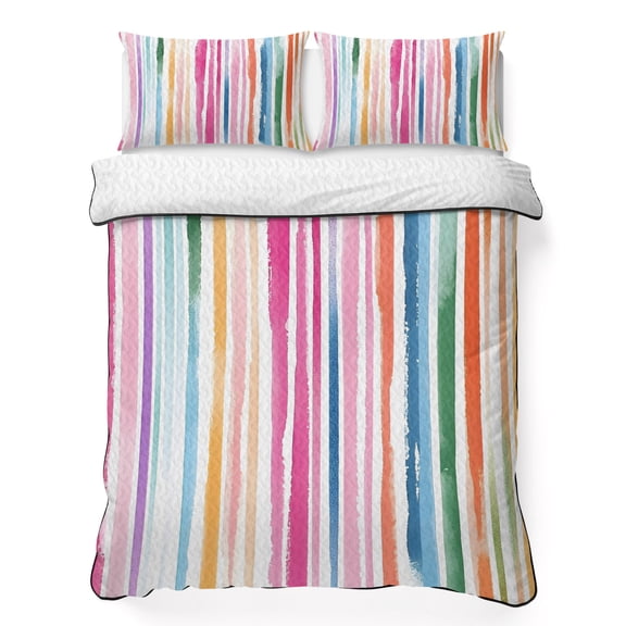 Queen Quilt Bedding Set, Classical Colorful Ombre Stripe Soft Microfiber Summer Bedspread Coverlet with 2 Pillow Shams, Abstract Watercolor Texture Breathable Bedding Set for Hot Sleepers