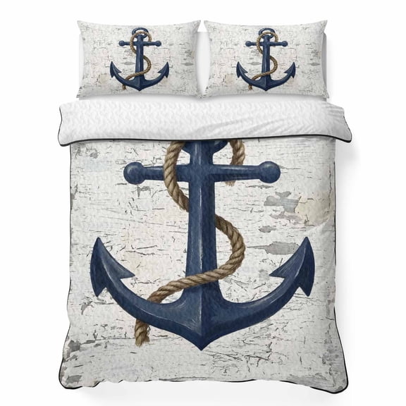 Queen Quilt Bedding Set, Coastal Blue Anchor Soft Microfiber Summer Bedspread Coverlet with 2 Pillow Shams for All Season, Summer Nautical Theme Retro Style Breathable Bedding Set for Hot Sleepers