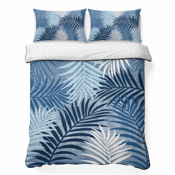 Queen Quilt Bedding Set Coastal Navy Botanical Palm Leaves Lightweight Summer Quilted Coverlet for Hot Sleepers, Midnight Blue Plants Breathable Soft Blanket with 2 Pillow Shams for All Season