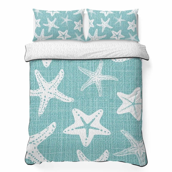 Queen Quilt Bedding Set Coastal Ocean Starfish Lightweight Summer Quilted Coverlet for Hot Sleepers, Summer Marine Creature Blue Linen Texture Breathable Soft Blanket with 2 Pillow Shams