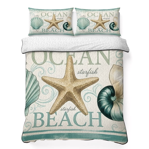 Queen Quilt Bedding Set, Coastal Ocean Starfish Shell Conch Soft Microfiber Summer Bedspread Coverlet with 2 Pillow Shams, Summer Beach Marine Theme Breathable Bedding Set for Hot Sleepers