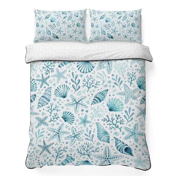 Queen Quilt Bedding Set, Coastal Sea Starfish Shell Conch Soft Microfiber Summer Bedspread Coverlet with 2 Pillow Shams, Ocean Coral Marine Creature Breathable Bedding Set for Hot Sleepers