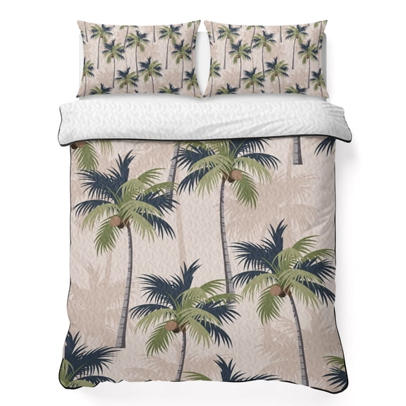 Queen Quilt Bedding Set Coconut Tree Tropical Plant Lightweight Summer Quilted Coverlet for Hot Sleepers, Seaside Palm Trees Breathable Soft Cooling Blanket with 2 Pillow Shams for All Season