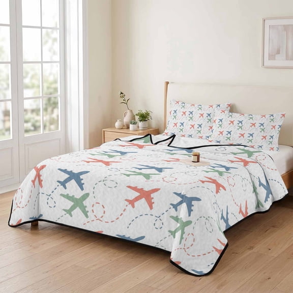 Queen Quilt Bedding Set, Colorful Aircraft Stripe Lightweight Coverlet Summer Comforter Set Soft Microfiber Bedspread, Orange Green Blue Airplane Lines 3 Piece Quilt Set with 2 Pillow Shams