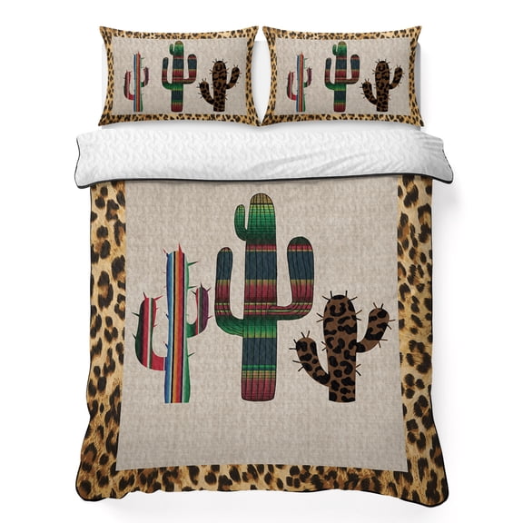 Queen Quilt Bedding Set, Colorful Art Cactus on Linen Texture Soft Microfiber Summer Bedspread Coverlet with 2 Pillow Shams, Animals Leopard Border Breathable Bedding Set for Hot Sleepers