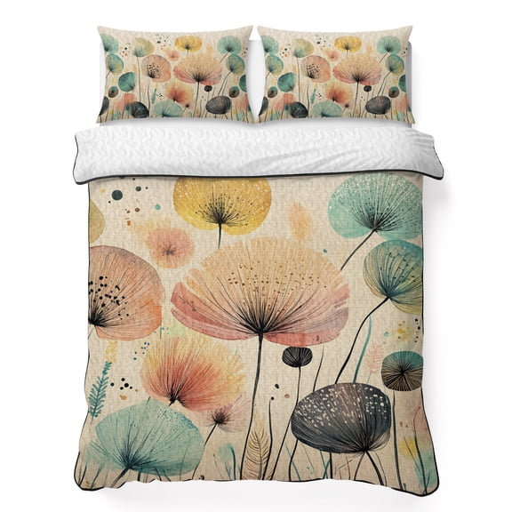 Queen Quilt Bedding Set Colorful Dandelion Abstract Flower Lightweight Summer Quilted Coverlet for Hot Sleepers, Retro Linen Texture Breathable Soft Cooling Blanket with 2 Pillow Shams for All Season