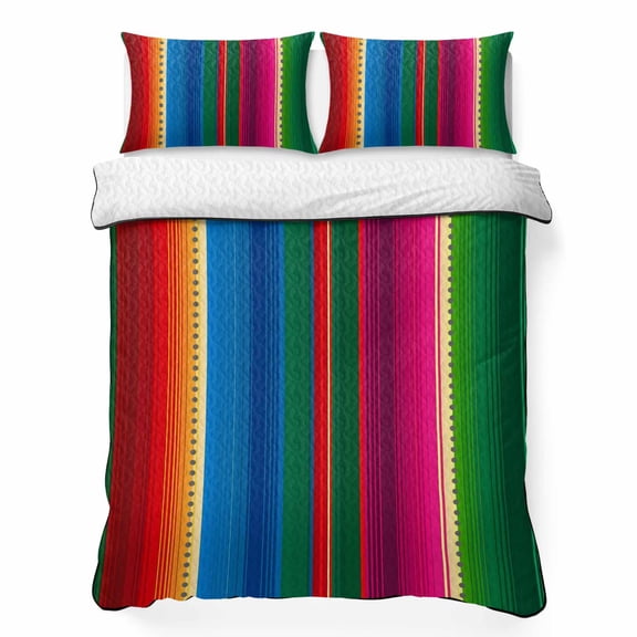 Queen Quilt Bedding Set, Colorful Mexican Stripes Soft Microfiber Summer Bedspread Coverlet with 2 Pillow Shams for All Season, Watercolor Gradient Breathable Bedding Set for Hot Sleepers