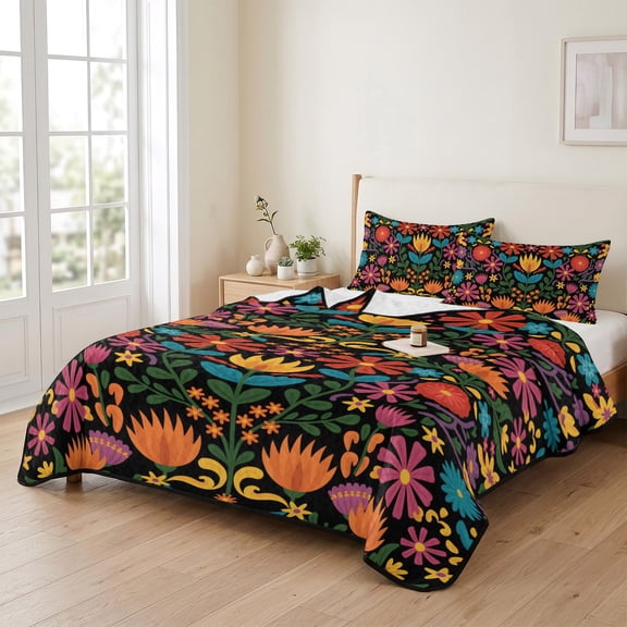 Queen Quilt Bedding Set, Colorful Mexico Orange Flower Leaves Lightweight Coverlet Summer Comforter Set Soft Microfiber Bedspread, Abstract Floral 3 Piece Quilt Set with 2 Pillow Shams