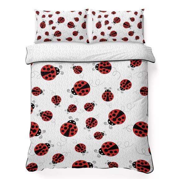 Queen Quilt Bedding Set, Country Ladybug Pastoral Animal Soft Microfiber Summer Bedspread Coverlet with 2 Pillow Shams for All Season, Watercolor Red Black Dot Breathable Bedding Set for Hot Sleepers