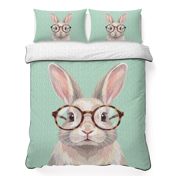 Queen Quilt Bedding Set Country Rabbit on Green Breathable Summer Cooling Blanket for Hot Sleepers, Farmhouse Animal Lightweight Soft Bedding Set with 2 Pillow Shams for All Season