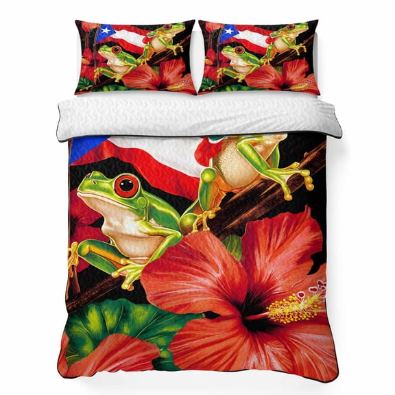 Queen Quilt Bedding Set, Country Red Flowers Frog Soft Microfiber Summer Bedspread Coverlet with 2 Pillow Shams for All Season, Puerto Rico Flag Breathable Bedding Set for Hot Sleepers