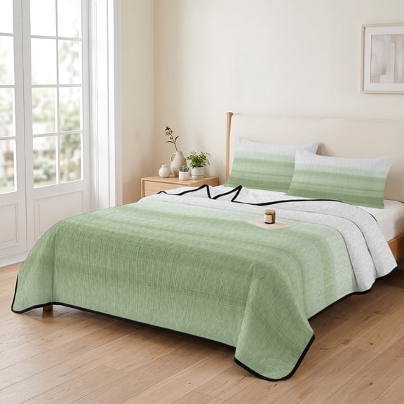 Queen Quilt Bedding Set, Country Sage Green Gradient Lightweight Coverlet Summer Comforter Set Soft Microfiber Bedspread, Modern Ombre Art 3 Piece Quilt Set with 2 Pillow Shams All Seasons Use