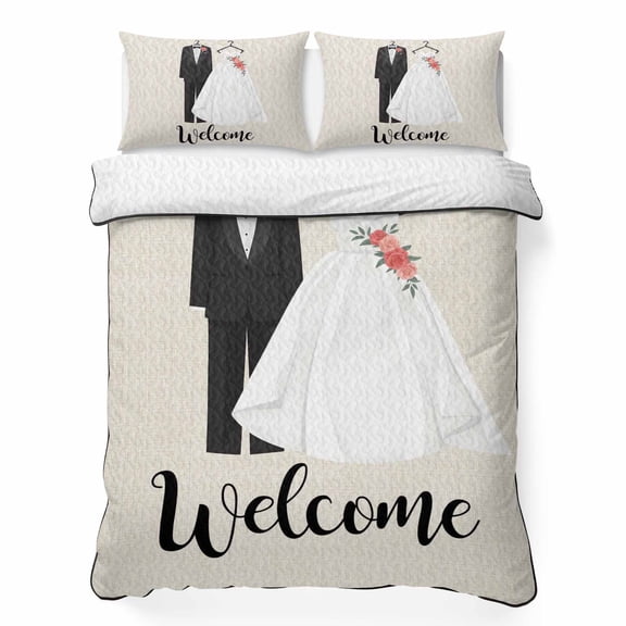 Queen Quilt Bedding Set Couple Wedding Dress Breathable Summer Cooling Blanket for Hot Sleepers, Modern Simple Romantic Art Lightweight Soft Bedding Set with 2 Pillow Shams for All Season