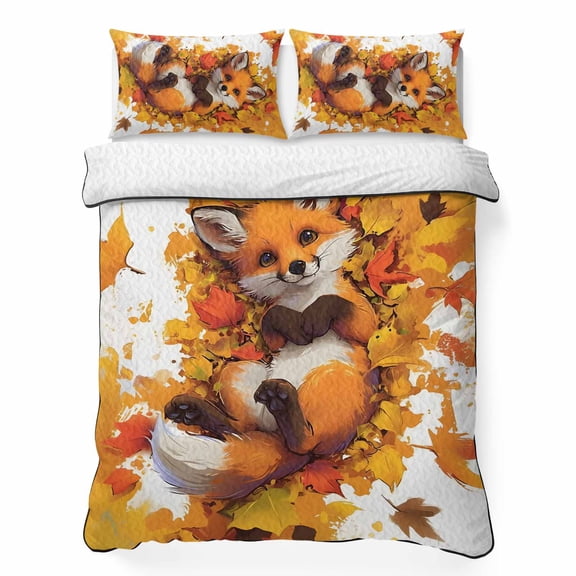Queen Quilt Bedding Set Cute Fox Lying in Orange Maple Leaves Summer Quilt Lightweight Quilted Coverlet with 2 Pillow Shams, Autumn Botanical Animal 3-Piece Bedspread Quilt Set for All Season