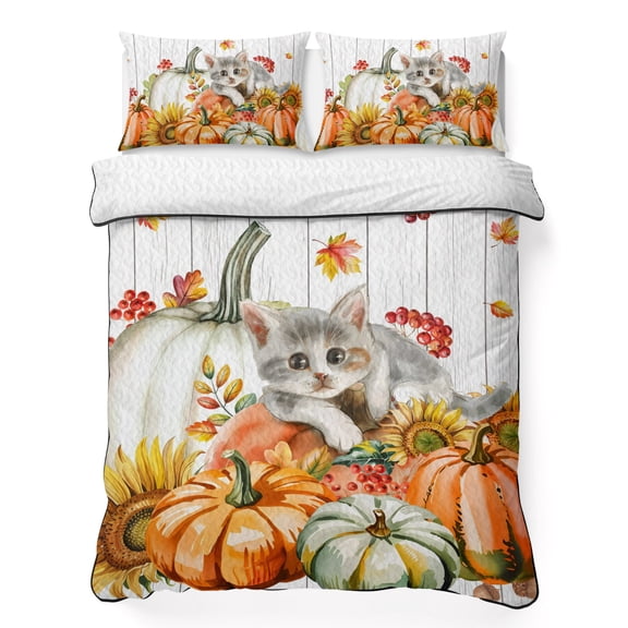 Queen Quilt Bedding Set, Cute Kitty Autumn Pumpkins Soft Microfiber Summer Bedspread Coverlet with 2 Pillow Shams for All Season, Farm Sunflowers Breathable Bedding Set for Hot Sleepers
