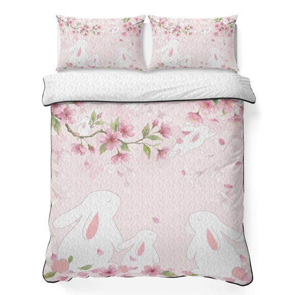 Queen Quilt Bedding Set Cute Rabbits Pink Cherry Floral Breathable Summer Cooling Blanket for Hot Sleepers, Animal Botantical Lightweight Soft Bedding Set with 2 Pillow Shams for All Season