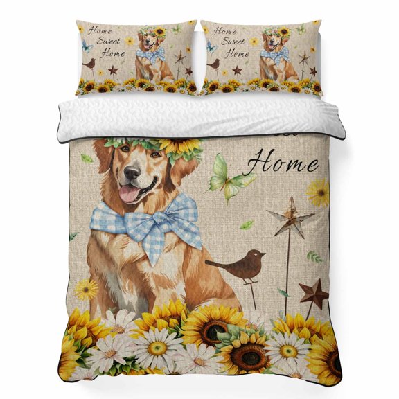 Queen Quilt Bedding Set Dog on Retro Linen Farm Sunflowers Breathable Summer Cooling Blanket for Hot Sleepers, Sweet Home Butterflies Lightweight Soft Bedding Set with 2 Pillow Shams for All Season