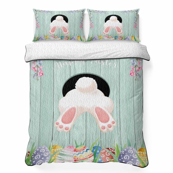 Queen Quilt Bedding Set, Easter Day Bunny Tail Egg Spring Floral Soft Microfiber Summer Bedspread Coverlet with 2 Pillow Shams, Farm Vintage Teal Wood Grain Breathable Bedding Set for Hot Sleepers