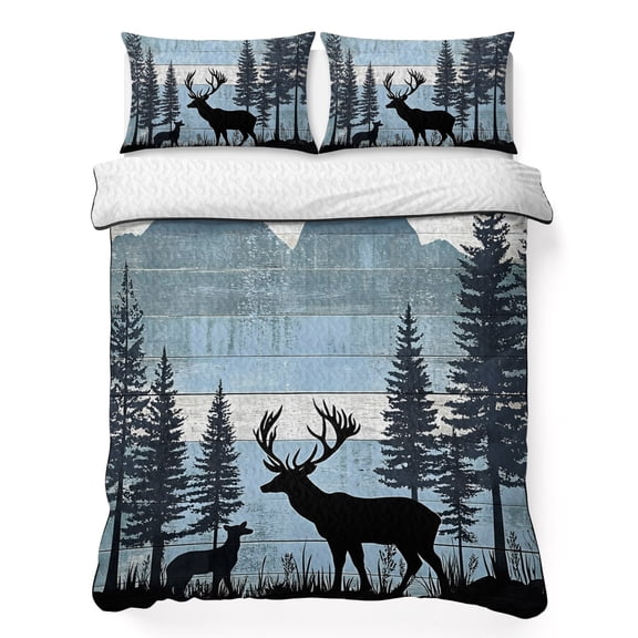Queen Quilt Bedding Set, Elk Forest Mountain Animal Shadow Soft Microfiber Summer Bedspread Coverlet with 2 Pillow Shams, Farm Vintage Wood Board Breathable Bedding Set for Hot Sleepers