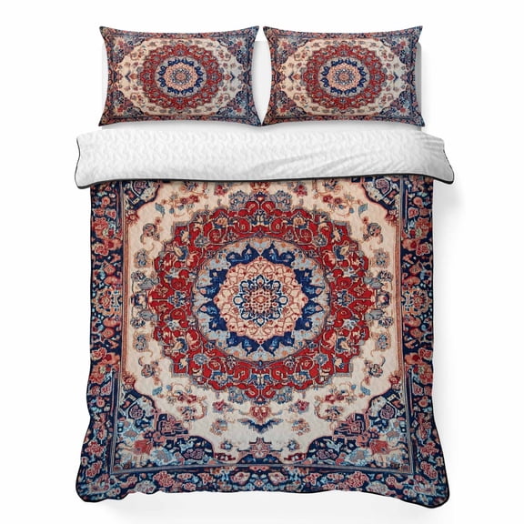 Queen Quilt Bedding Set, Ethnic Blue Red Floral Oriental Art Soft Microfiber Summer Bedspread Coverlet with 2 Pillow Shams, Vintage Flower Texture Breathable Bedding Set for Hot Sleepers