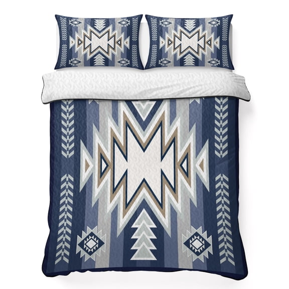 Queen Quilt Bedding Set, Ethnic Boho Morocco Theme Soft Microfiber Summer Bedspread Coverlet with 2 Pillow Shams for All Season, Aztec Blue Geometric Art Breathable Bedding Set for Hot Sleepers