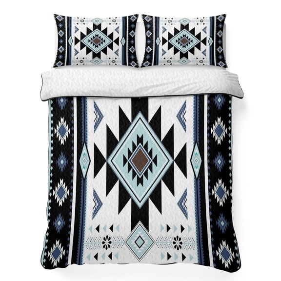 Queen Quilt Bedding Set, Ethnic Tribal Aztec Geometric Pattern Soft Microfiber Summer Bedspread Coverlet with 2 Pillow Shams for All Season, Blue Black White Breathable Bedding Set for Hot Sleepers