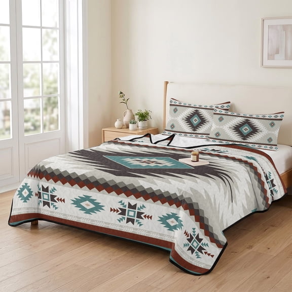Queen Quilt Bedding Set, Ethnic Tribal Geometric Pattern Lightweight Coverlet Summer Comforter Set Soft Microfiber Bedspread, Aztec Boho Native Texture 3 Piece Quilt Set with 2 Pillow Shams