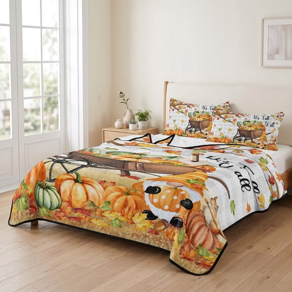 Queen Quilt Bedding Set, Fall Dwarf Squirrel on Buffalo Plaid Lightweight Coverlet Summer Comforter Set Soft Microfiber Bedspread, Autumn Pumpkin Maple Leaf 3 Piece Quilt Set with 2 Pillow Shams