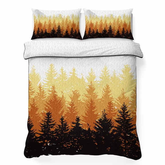 Queen Quilt Bedding Set, Fall Forest Orange Gradient Ombre Soft Microfiber Summer Bedspread Coverlet with 2 Pillow Shams for All Season, Jungle Black Shadow Breathable Bedding Set for Hot Sleepers