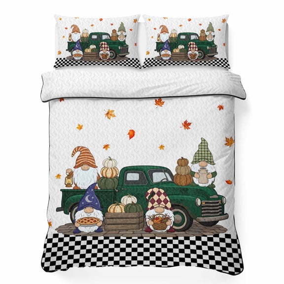 Queen Quilt Bedding Set, Fall Maple Leaf Thanksgiving Pumpkin Soft Microfiber Summer Bedspread Coverlet with 2 Pillow Shams, Rustic Gnome Buffalo Plaid Breathable Bedding Set for Hot Sleepers
