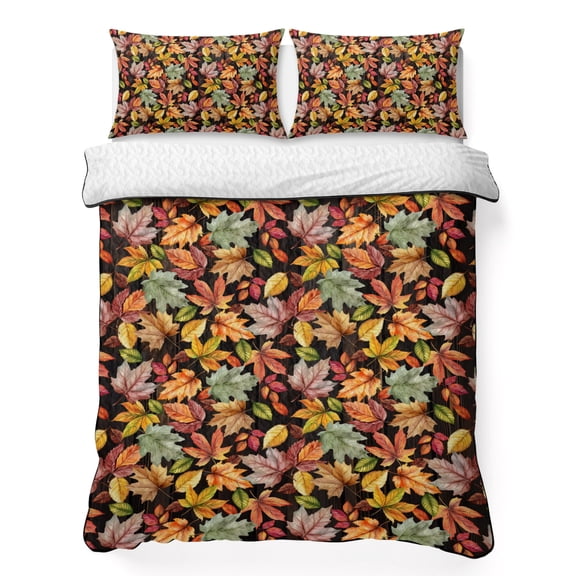 Queen Quilt Bedding Set Fall Orange Maple Leaf Watercolor Summer Quilt Lightweight Quilted Coverlet with 2 Pillow Shams, Fallen Leaves 3-Piece Bedspread Quilt Set for All Season