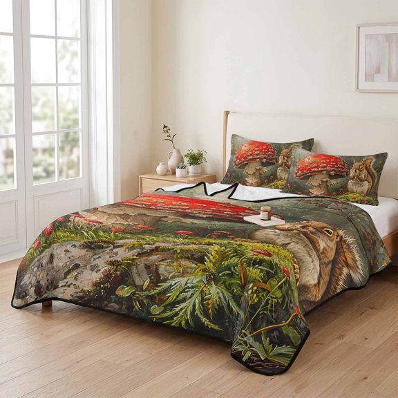 Queen Quilt Bedding Set, Fall Squirrel Mushroom Plant Lightweight Coverlet Summer Comforter Set Soft Microfiber Bedspread, Nature Forest Landscape 3 Piece Quilt Set with 2 Pillow Shams