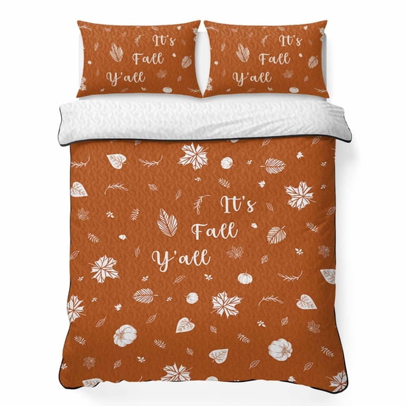 Queen Quilt Bedding Set Fall Y'all Fallen Leaves on Orange Linen Summer Quilt Lightweight Quilted Coverlet with 2 Pillow Shams, Happy Thanksgiving Pumpkin 3-Piece Bedspread Quilt Set for All Season
