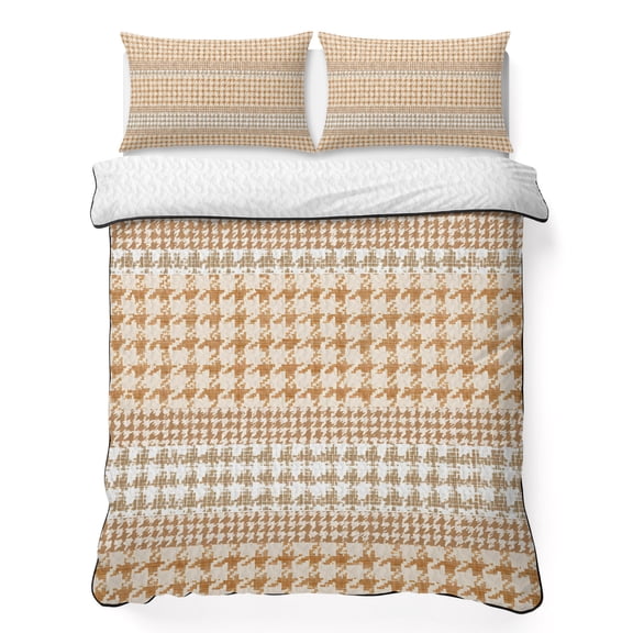 Queen Quilt Bedding Set, Farm Lattice Houndstooth Pattern Soft Microfiber Summer Bedspread Coverlet with 2 Pillow Shams, Rustic Beige Khaki Plaid Breathable Bedding Set for Hot Sleepers