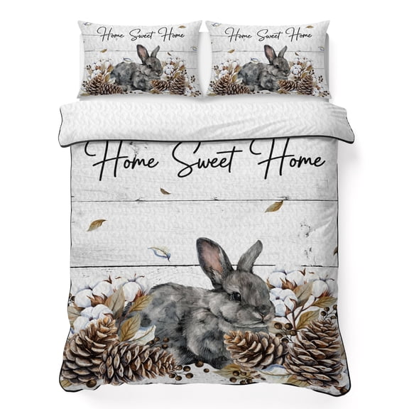 Queen Quilt Bedding Set Farm Rabbit Pine Cone Berry Summer Quilt Lightweight Quilted Coverlet with 2 Pillow Shams, Rustic Plant Animal Wood Plank 3-Piece Bedspread Quilt Set for All Season