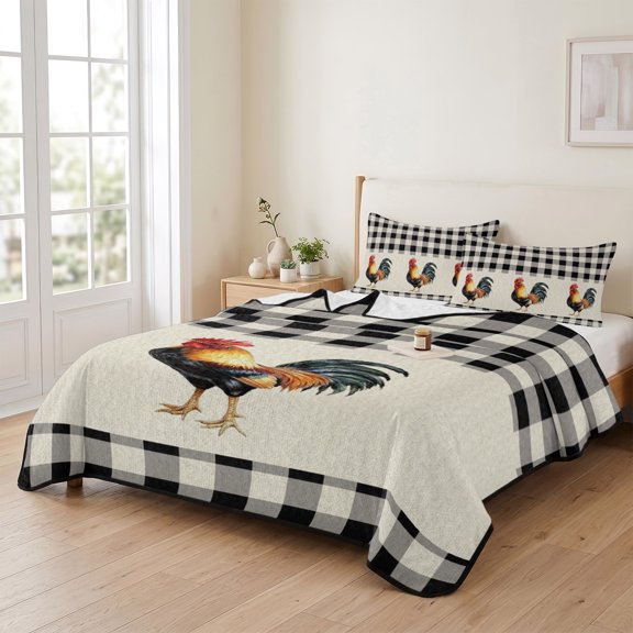 Queen Quilt Bedding Set, Farm Rooster Black Buffalo Plaid Lightweight Coverlet Summer Comforter Set Soft Microfiber Bedspread, Retro Linen 3 Piece Quilt Set with 2 Pillow Shams All Seasons Use