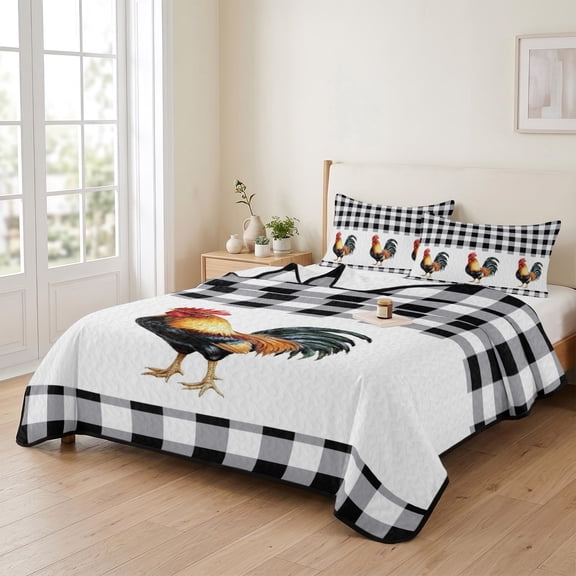 Queen Quilt Bedding Set, Farm Rooster Black Buffalo Plaid Lightweight Coverlet Summer Comforter Set Soft Microfiber Bedspread, Watercolor Animal Chicken 3 Piece Quilt Set with 2 Pillow Shams