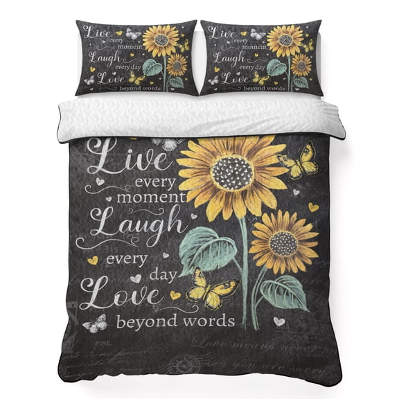 Queen Quilt Bedding Set, Farm Sunflower Butterfly Love Heart Soft Microfiber Summer Bedspread Coverlet with 2 Pillow Shams, Vintage Gray Gradient Breathable Bedding Set for Hot Sleepers