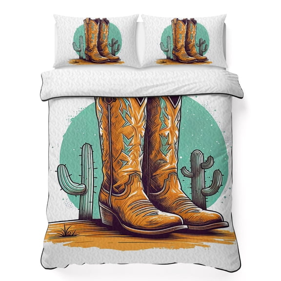 Queen Quilt Bedding Set, Farm West Cowboy Boots Cactus Soft Microfiber Summer Bedspread Coverlet with 2 Pillow Shams for All Season, Cartoon Watercolor Art Breathable Bedding Set for Hot Sleepers