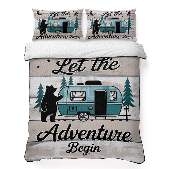 Queen Quilt Bedding Set Farmhouse Bear Camper Van Tree Breathable Summer Cooling Blanket for Hot Sleepers, Vintage Wood Grain Lightweight Soft Bedding Set with 2 Pillow Shams for All Season