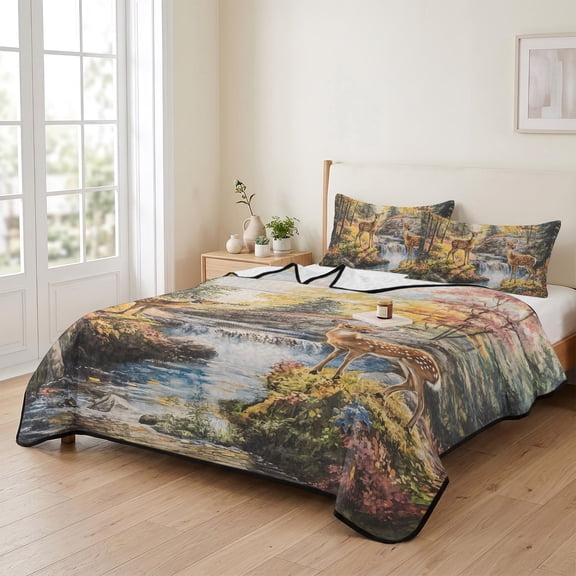 Queen Quilt Bedding Set, Farmhouse Deer Plant River Lightweight Coverlet Summer Comforter Set Soft Microfiber Bedspread, Forest Botanical Animal Theme 3 Piece Quilt Set with 2 Pillow Shams